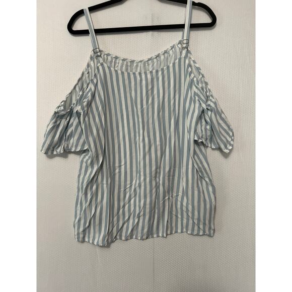 Maurices Blue White Embroidered Striped Crochet Trim Cold Shoulder V Neck Top 1X - Picture 9 of 11